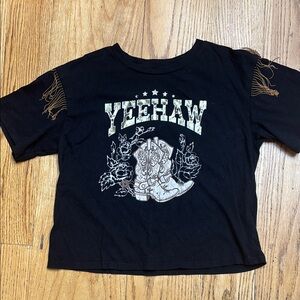 Black Yeehaw Kids T-Shirt with gold fringe on shoulder country western